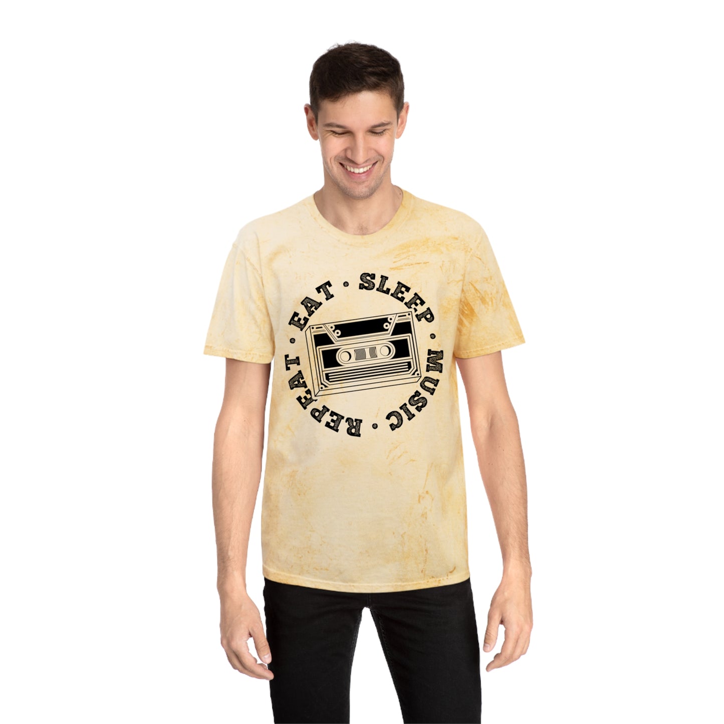 Unisex Color Blast T-Shirt with Eat Sleep Music Repeat Design