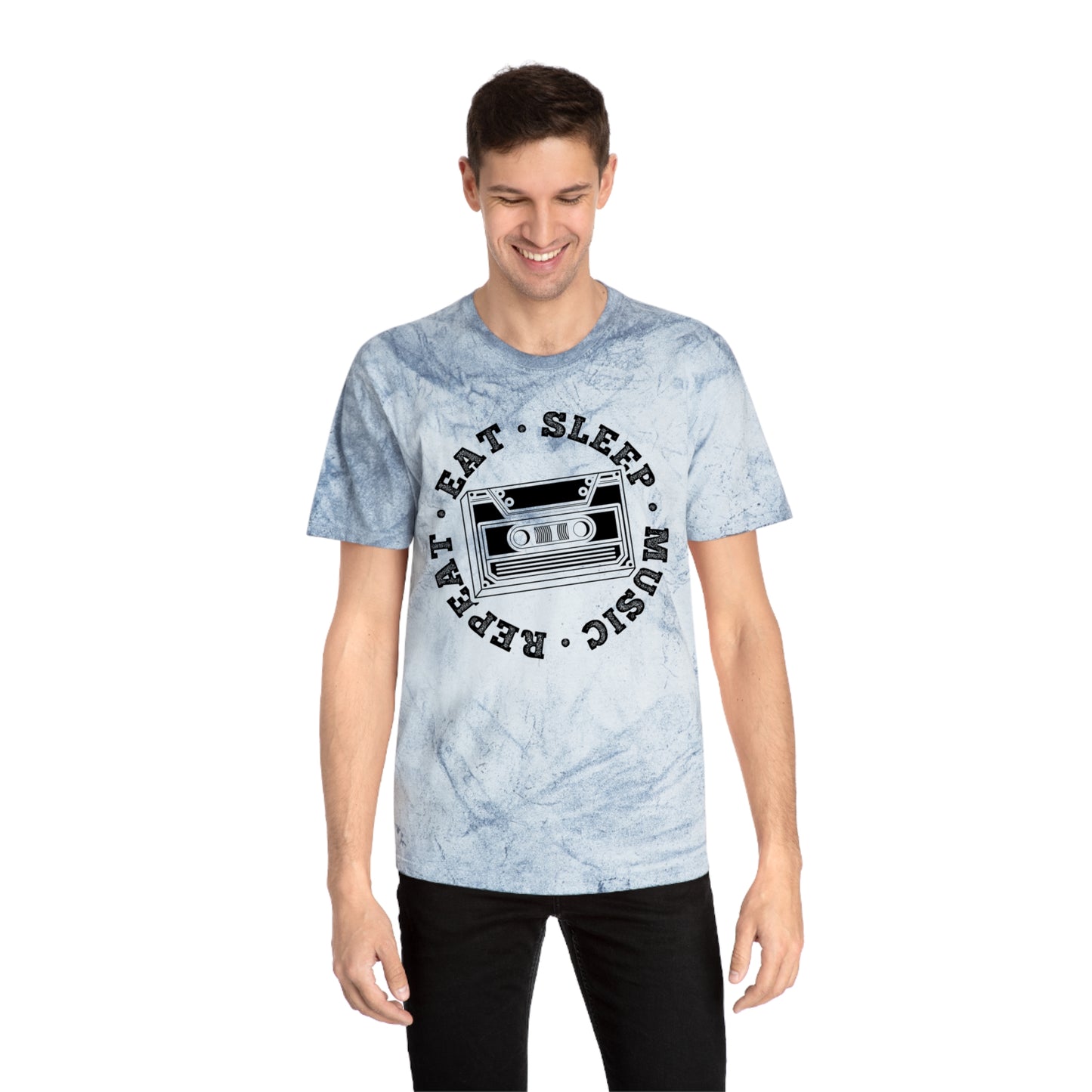 Unisex Color Blast T-Shirt with Eat Sleep Music Repeat Design