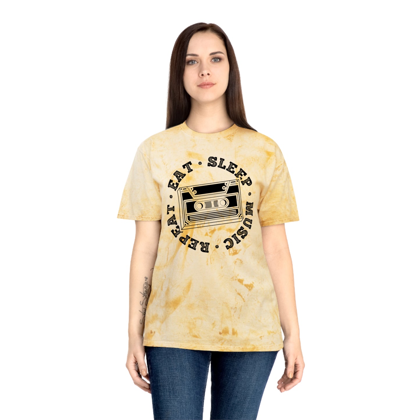 Unisex Color Blast T-Shirt with Eat Sleep Music Repeat Design