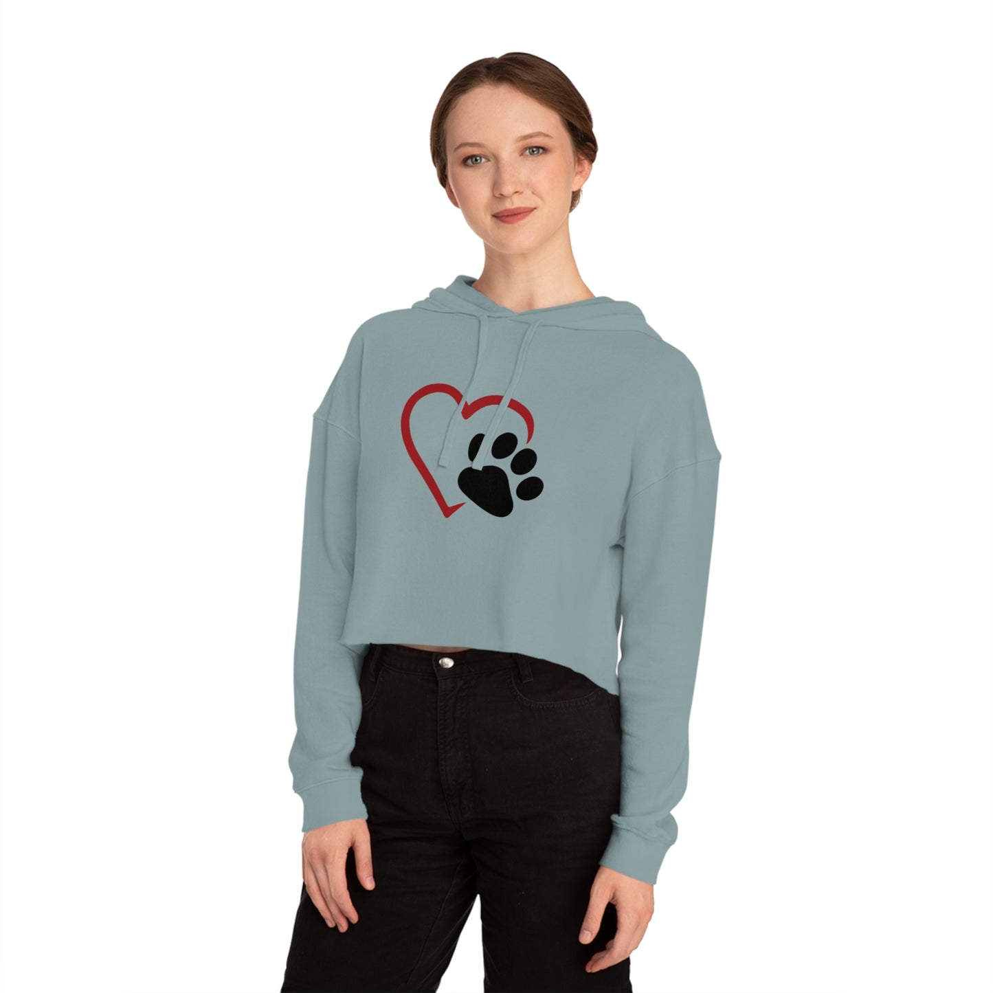 Cropped Hooded Sweatshirt with Heart and Paw Design - Perfect for Pet Lovers