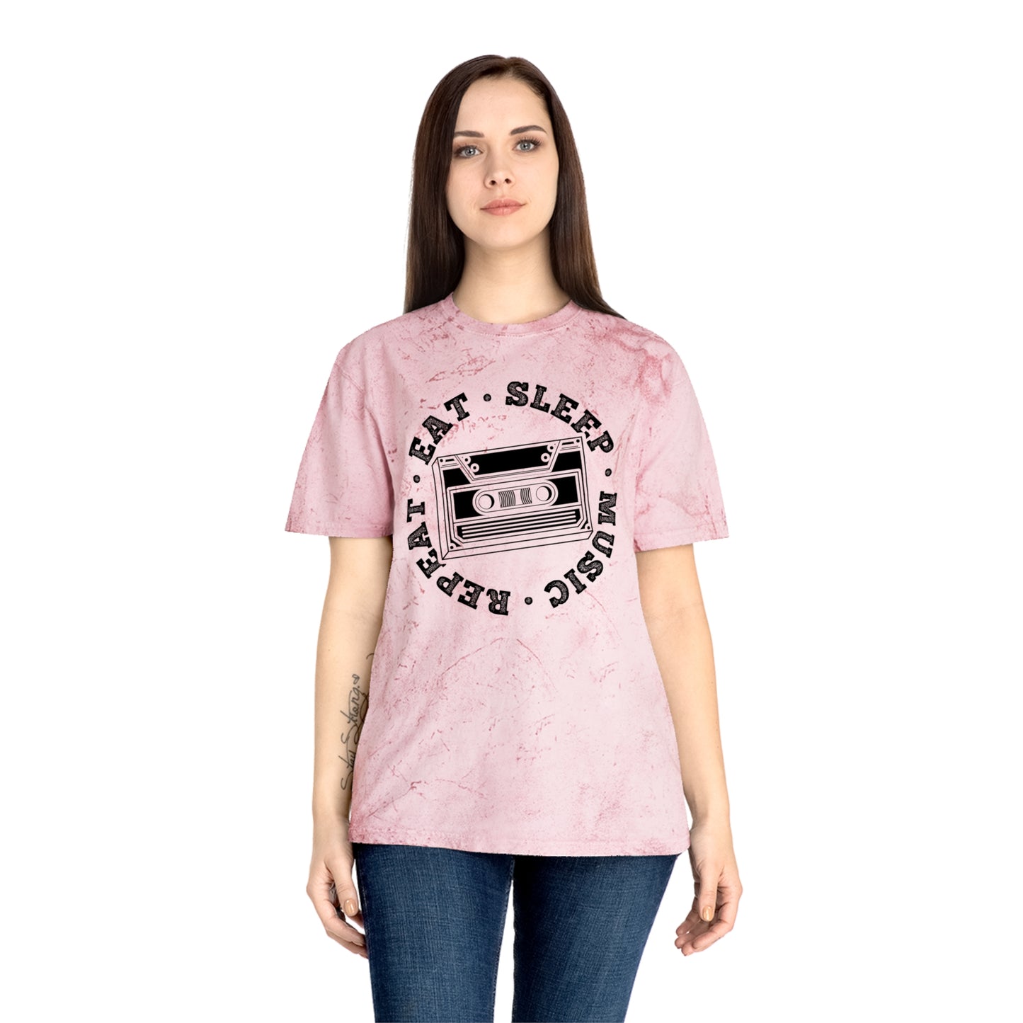 Unisex Color Blast T-Shirt with Eat Sleep Music Repeat Design