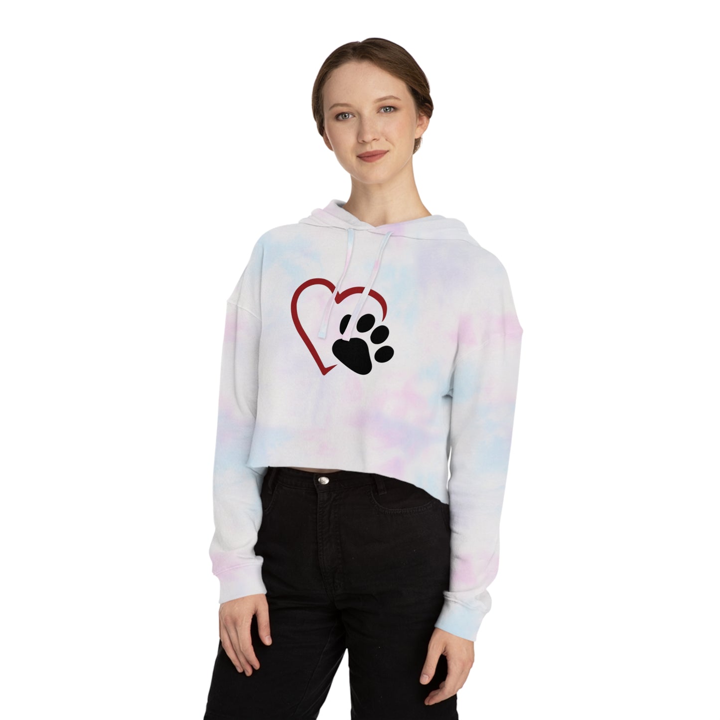 Cropped Hooded Sweatshirt with Heart and Paw Design - Perfect for Pet Lovers