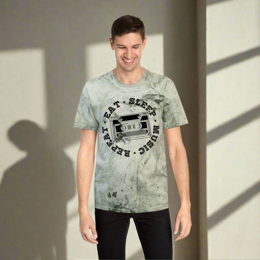 Unisex Color Blast T-Shirt with Eat Sleep Music Repeat Design
