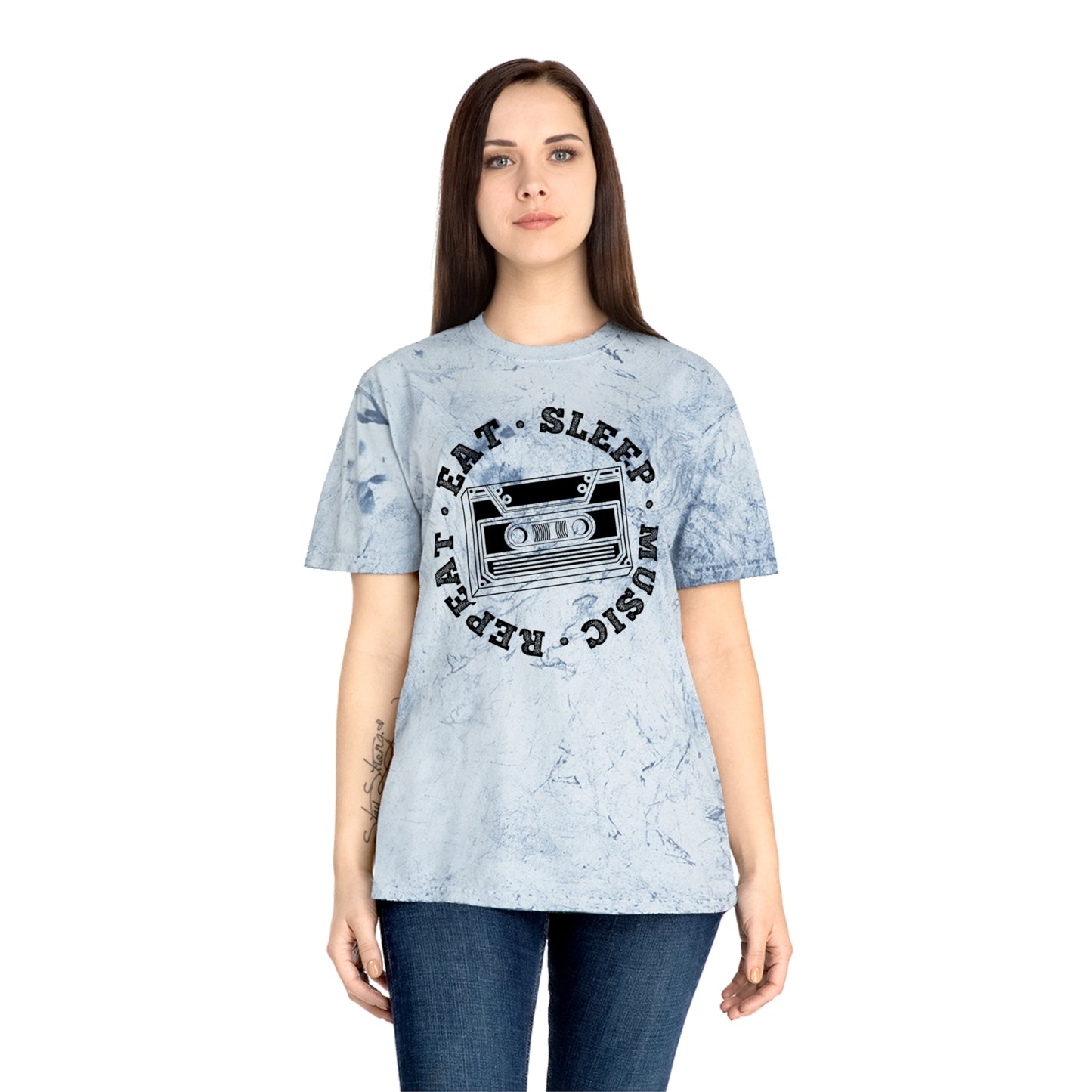 Unisex Color Blast T-Shirt with Eat Sleep Music Repeat Design