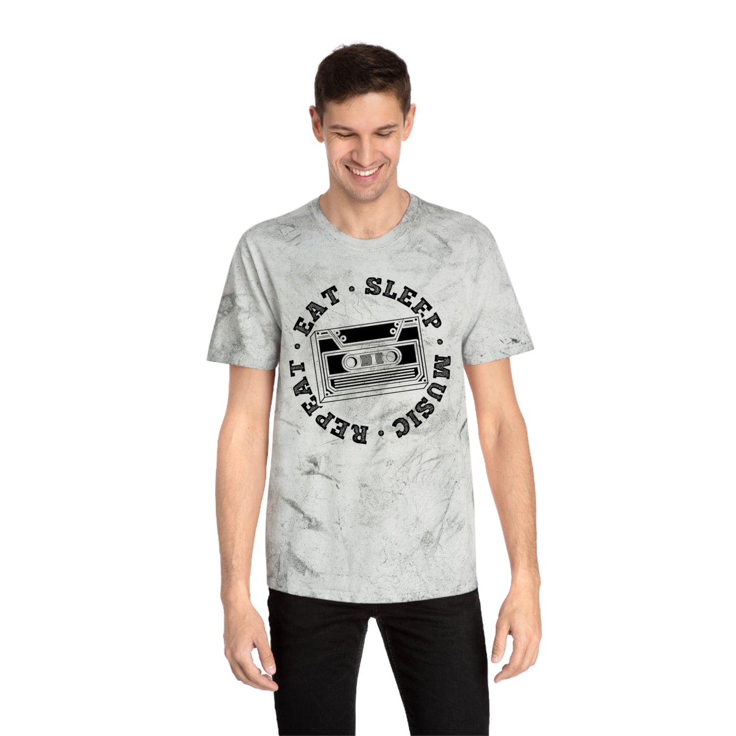 Unisex Color Blast T-Shirt with Eat Sleep Music Repeat Design