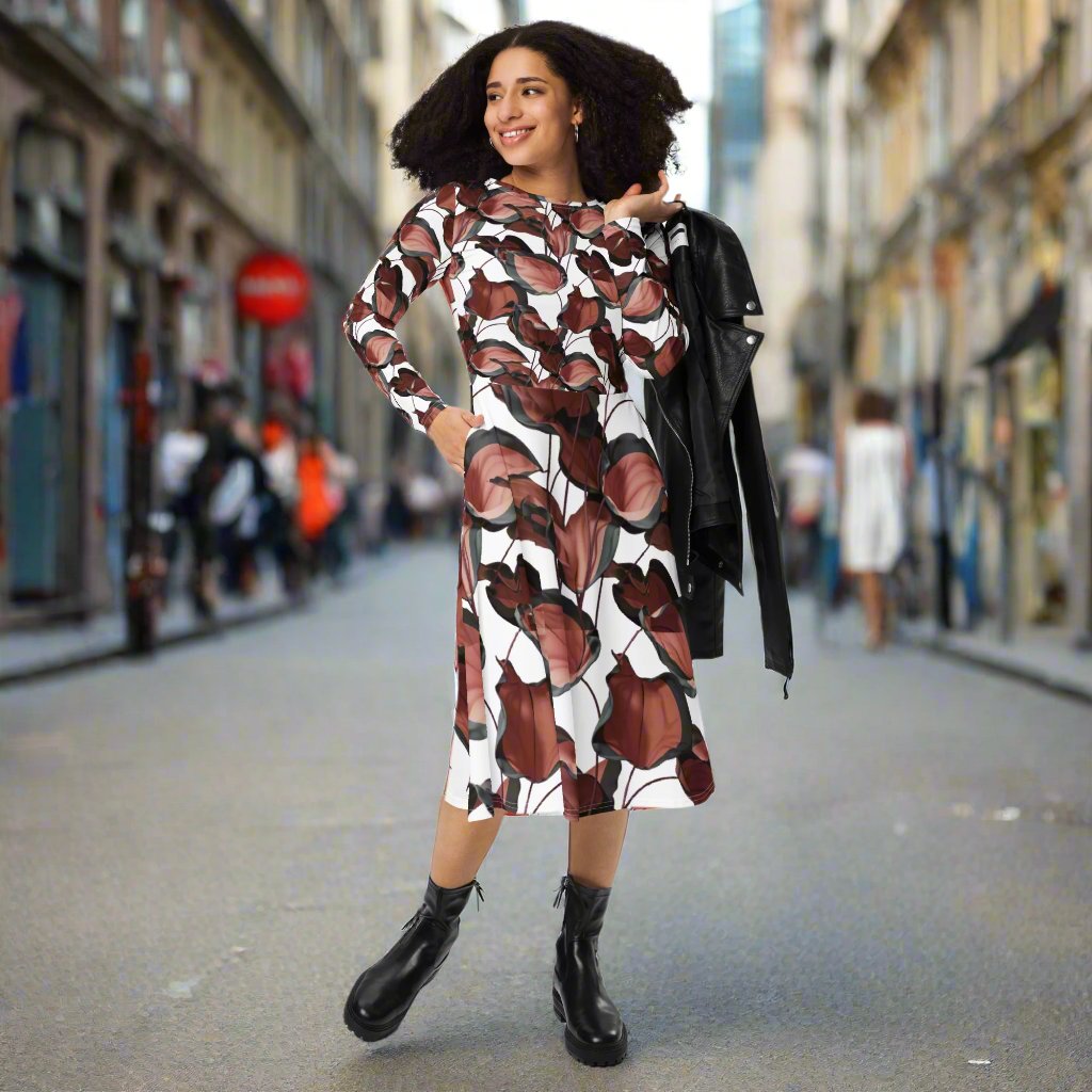 Leaves Pattern All-over print long sleeve midi dress