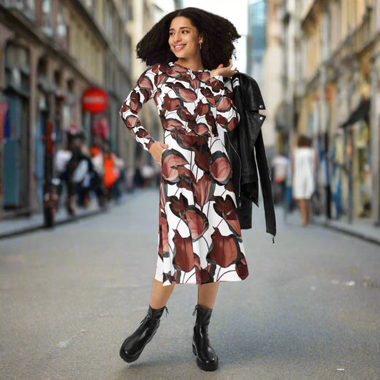 Leaves Pattern All-over print long sleeve midi dress