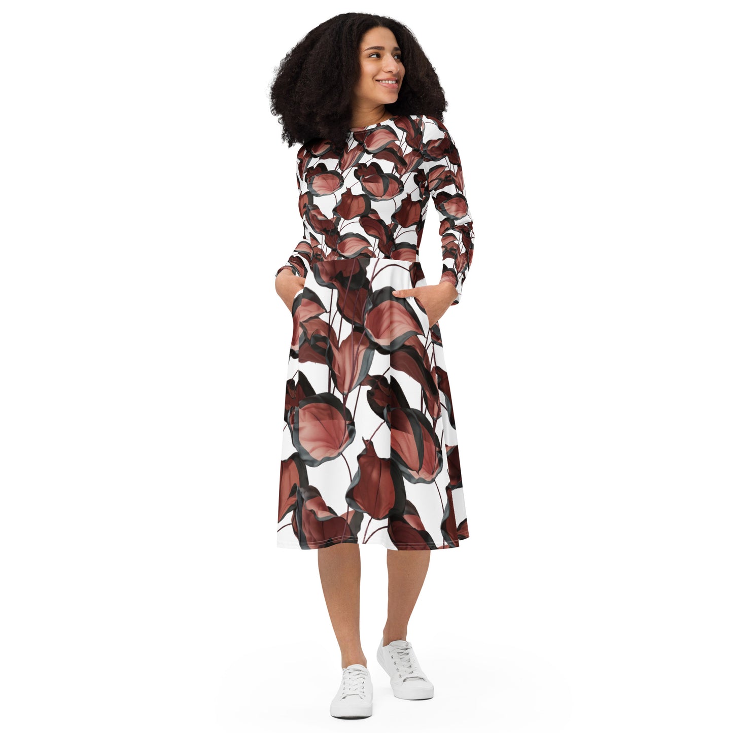 Leaves Pattern All-over print long sleeve midi dress