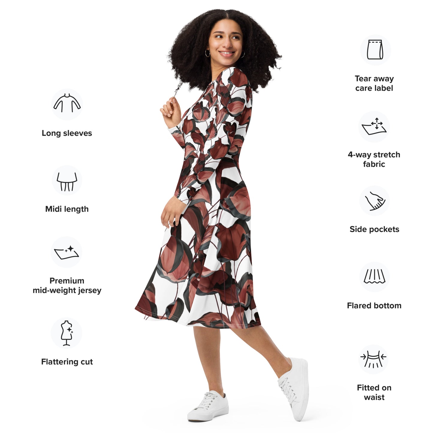 Leaves Pattern All-over print long sleeve midi dress