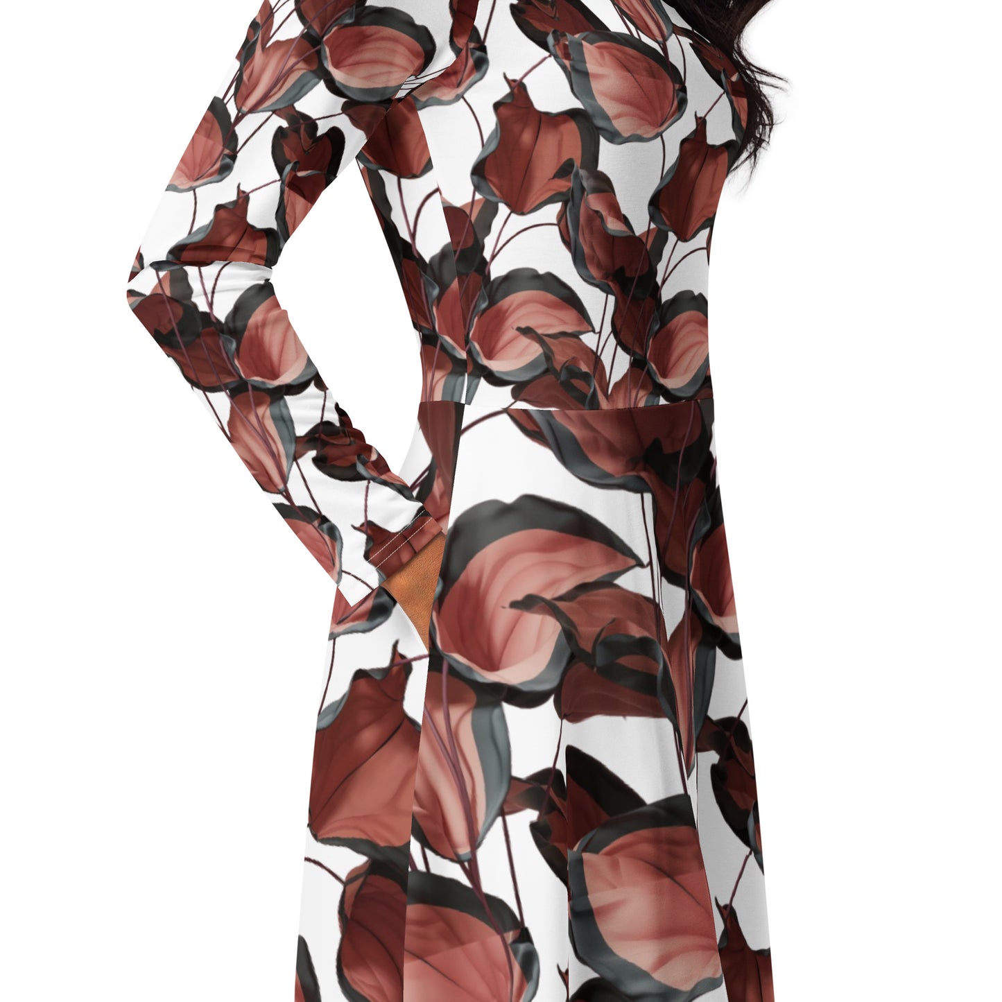 Leaves Pattern All-over print long sleeve midi dress