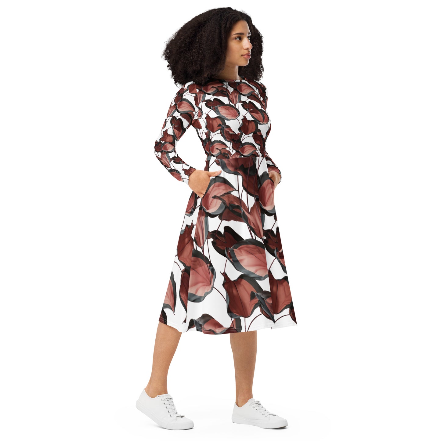 Leaves Pattern All-over print long sleeve midi dress